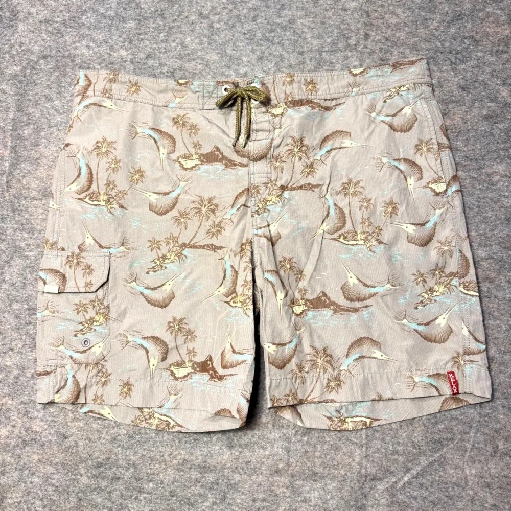 Tommy Bahama Relax Mens Swim Trunks XXL Tan Marlin Palm Tree Board Shorts 9in